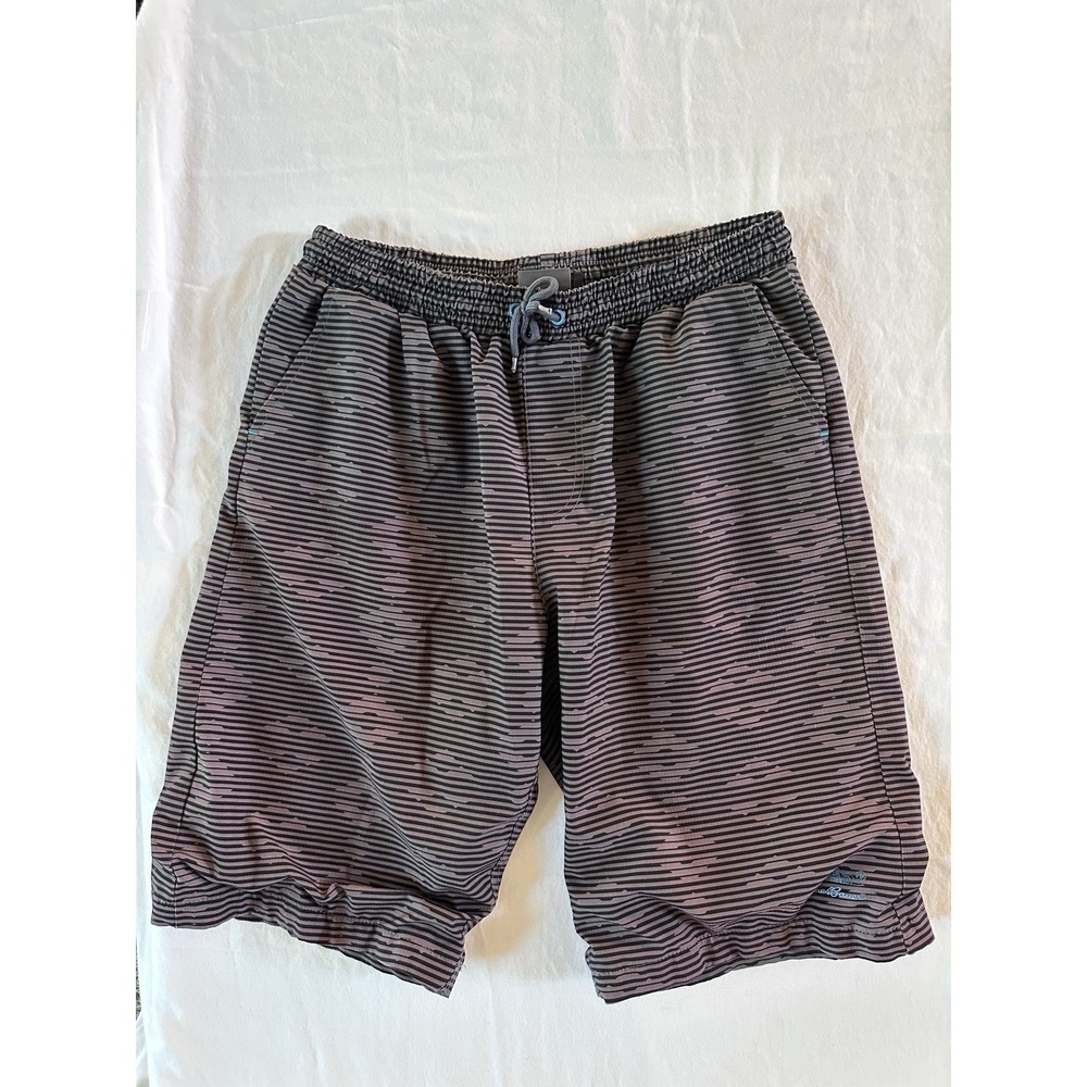 Eddie Bauer‎ Boys XL 18/20 Youth Swim Trunks Grey Black Stripe Swimsuit Pockets